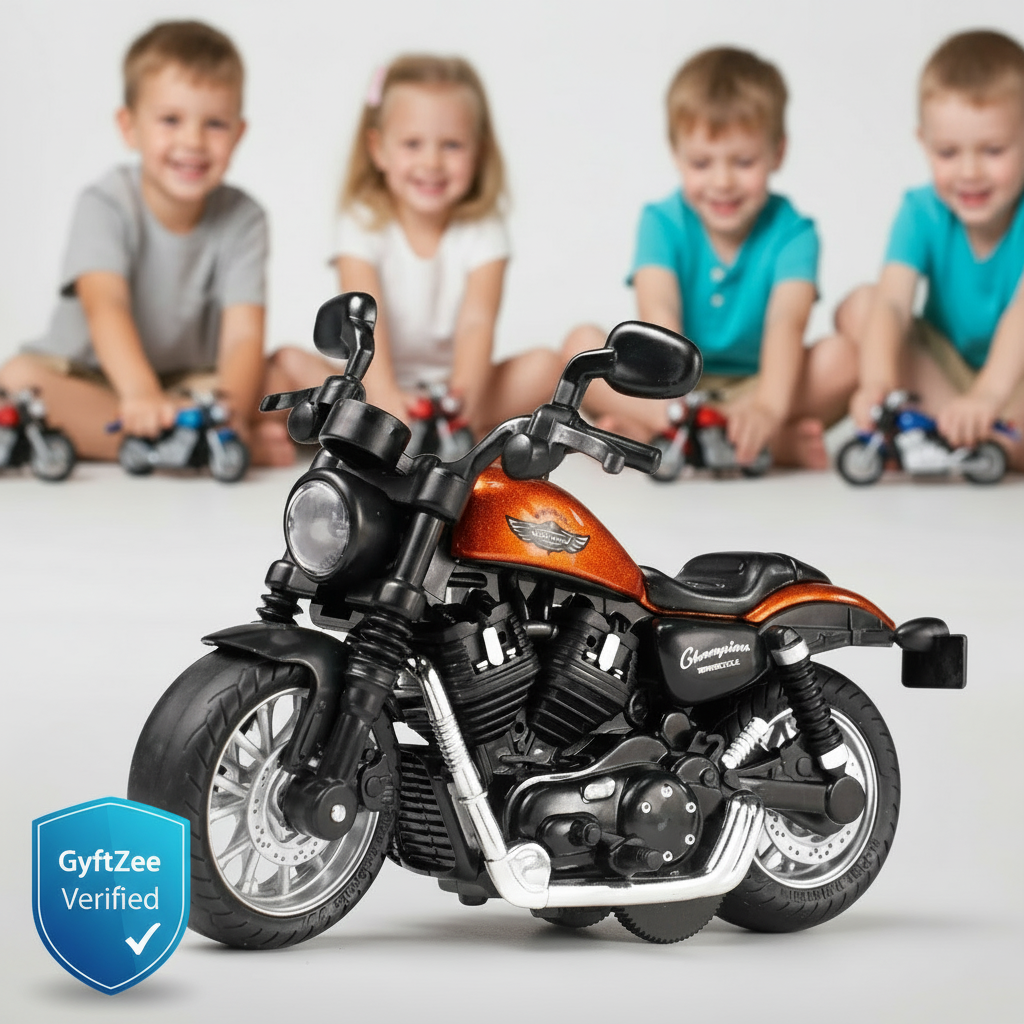 Toy motorcycle with children playing in the background