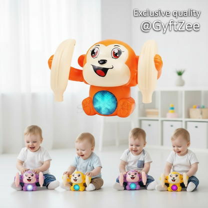 Toy monkey with weights in a room with children playing