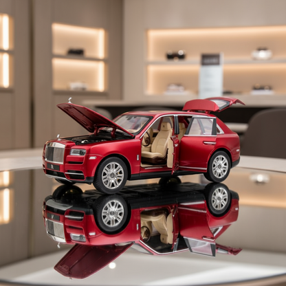 Red luxury car model with open doors on a reflective surface in a showroom setting