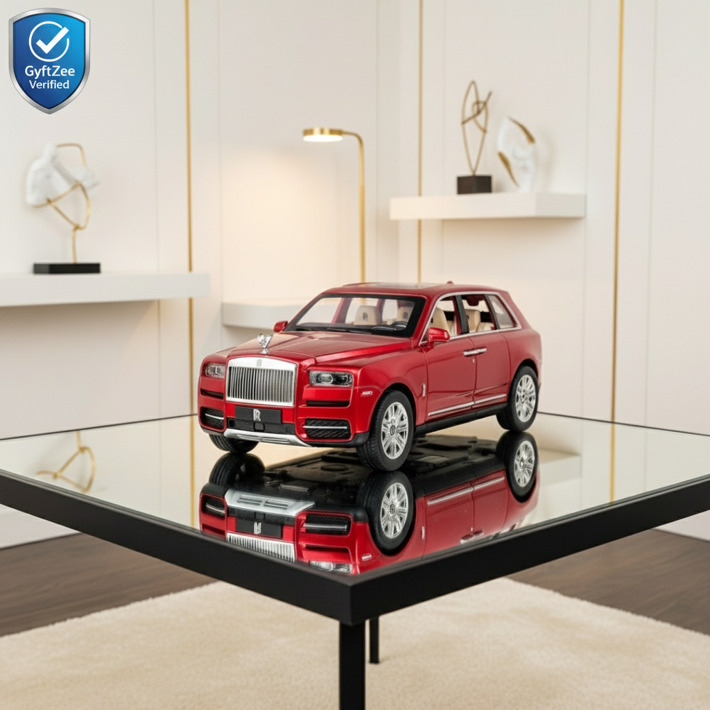 Red toy car on a reflective surface with a modern interior background