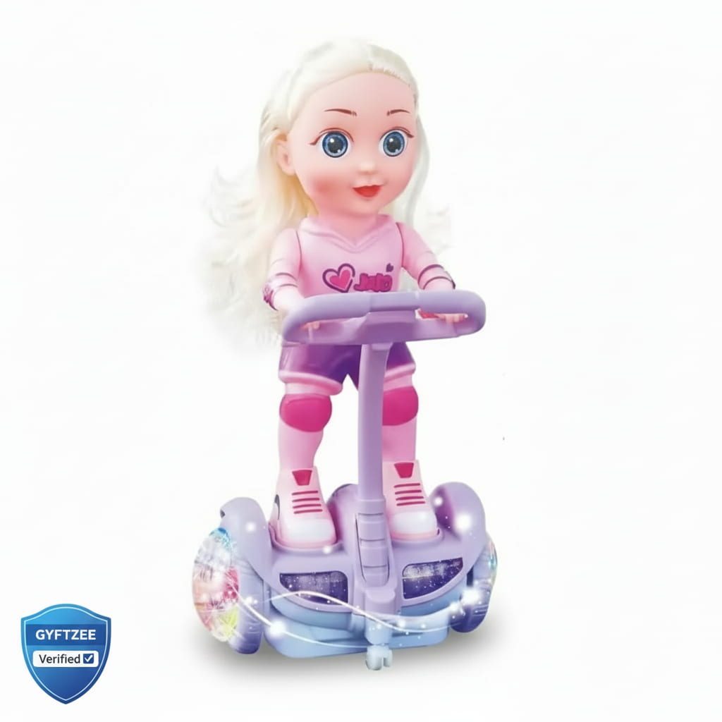 Toy doll with a scooter on a white background, featuring the Gyftzee brand.