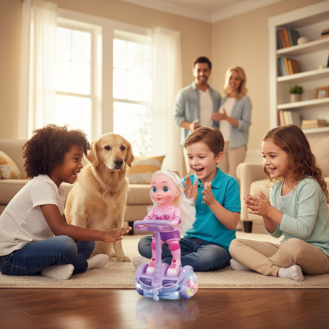 Children playing with a toy in a living room with a family in the background