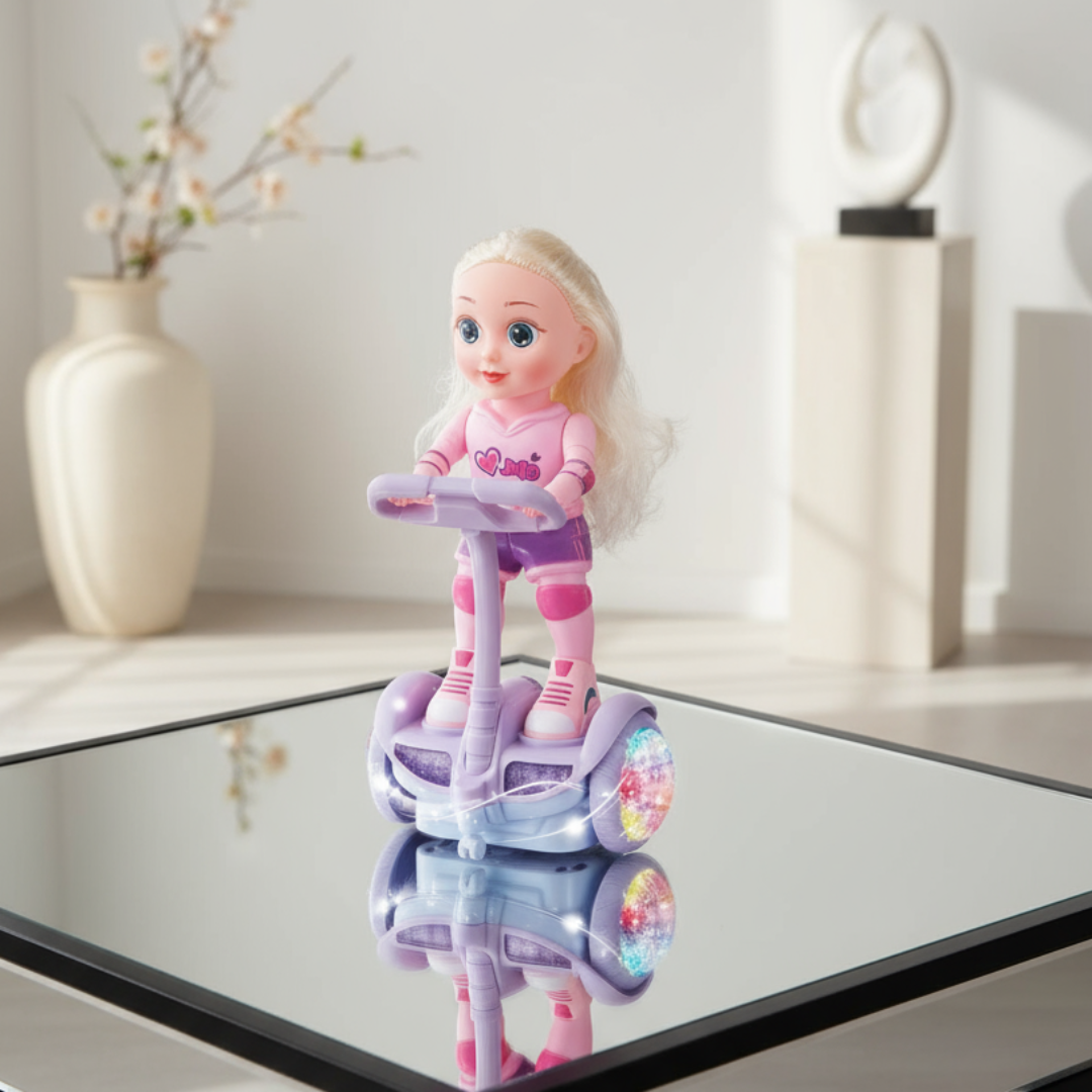 Toy doll with scooter on a reflective surface with a neutral background