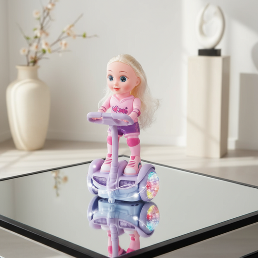 Toy doll with scooter on a reflective surface with a neutral background
