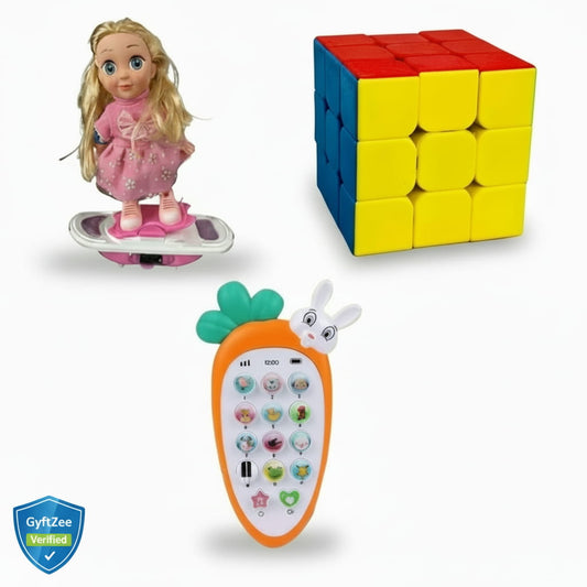 Three toys including a doll, Rubik's cube, and carrot-shaped toy with rabbit figure on a white background.