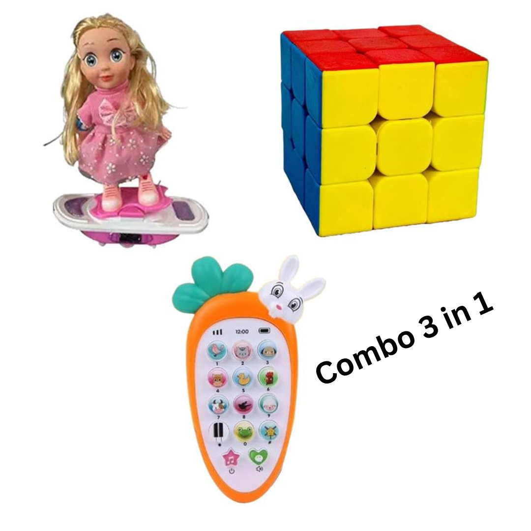 [Combo 3 in 1] Skateboard Girl Toy with Lights & Music + 3x3 Rubik Cube + Rabbit Phone for kids