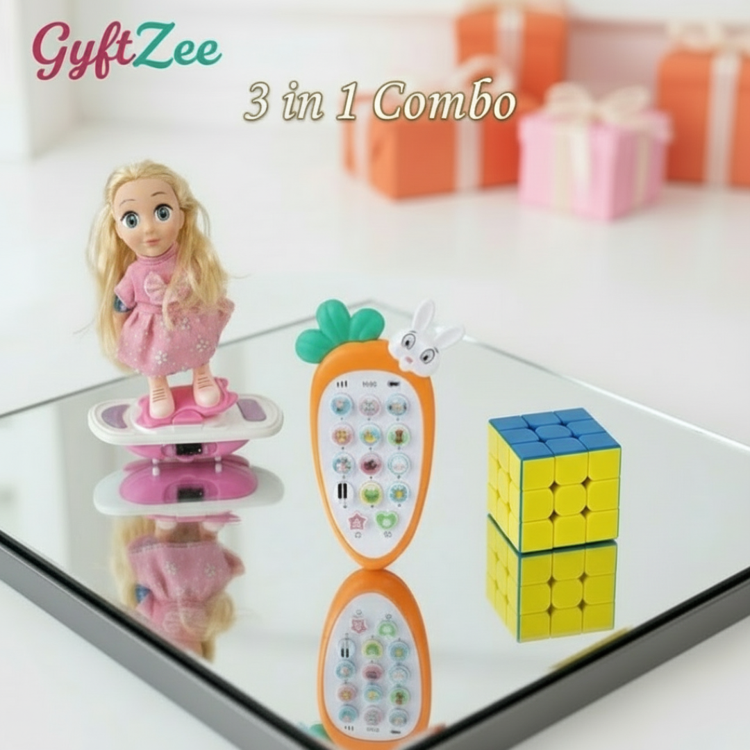 GyftZee 3-in-1 combo set with a doll, toy phone, and Rubik's cube on a reflective surface.