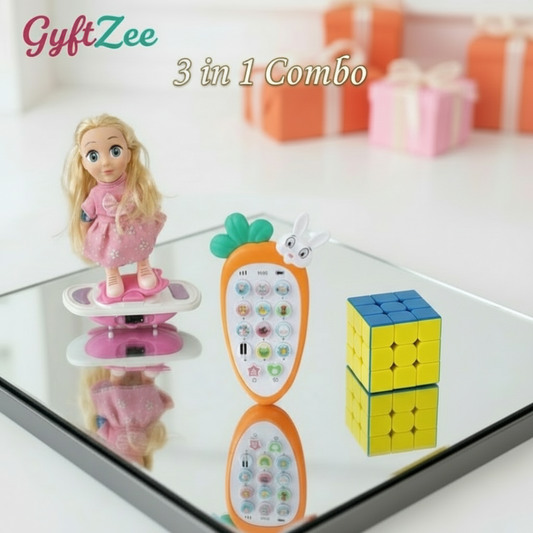 GyftZee 3-in-1 combo set with a doll, toy phone, and Rubik's cube on a reflective surface.