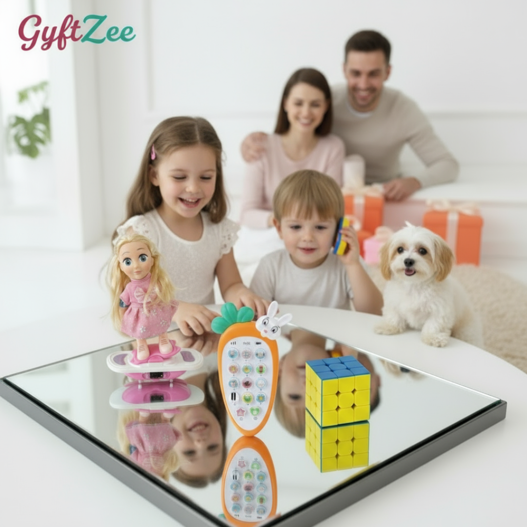 GyftZee 3-in-1 combo set with a doll, toy phone, and Rubik's cube on a reflective surface.