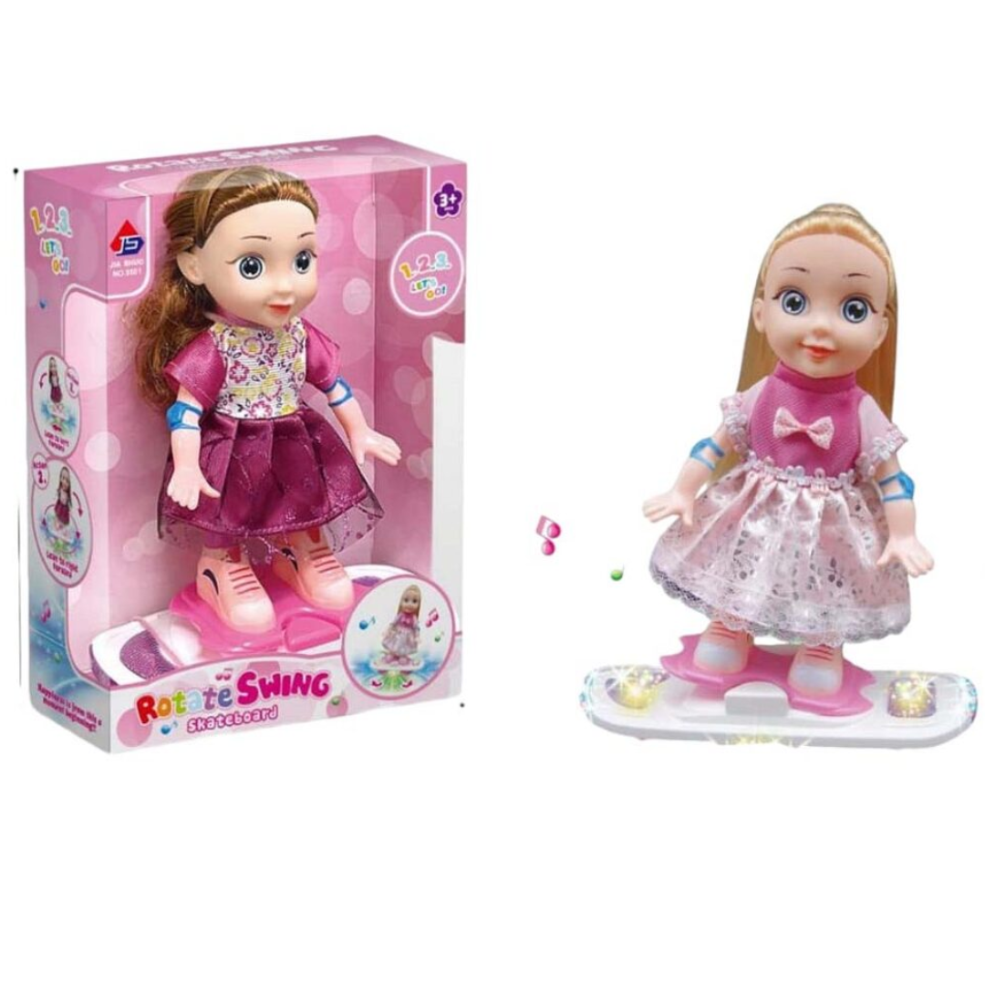 [Random color] Skateboard Girl Toy with Lights & Music – Moving Dancing Doll with Colorful LED & Sound