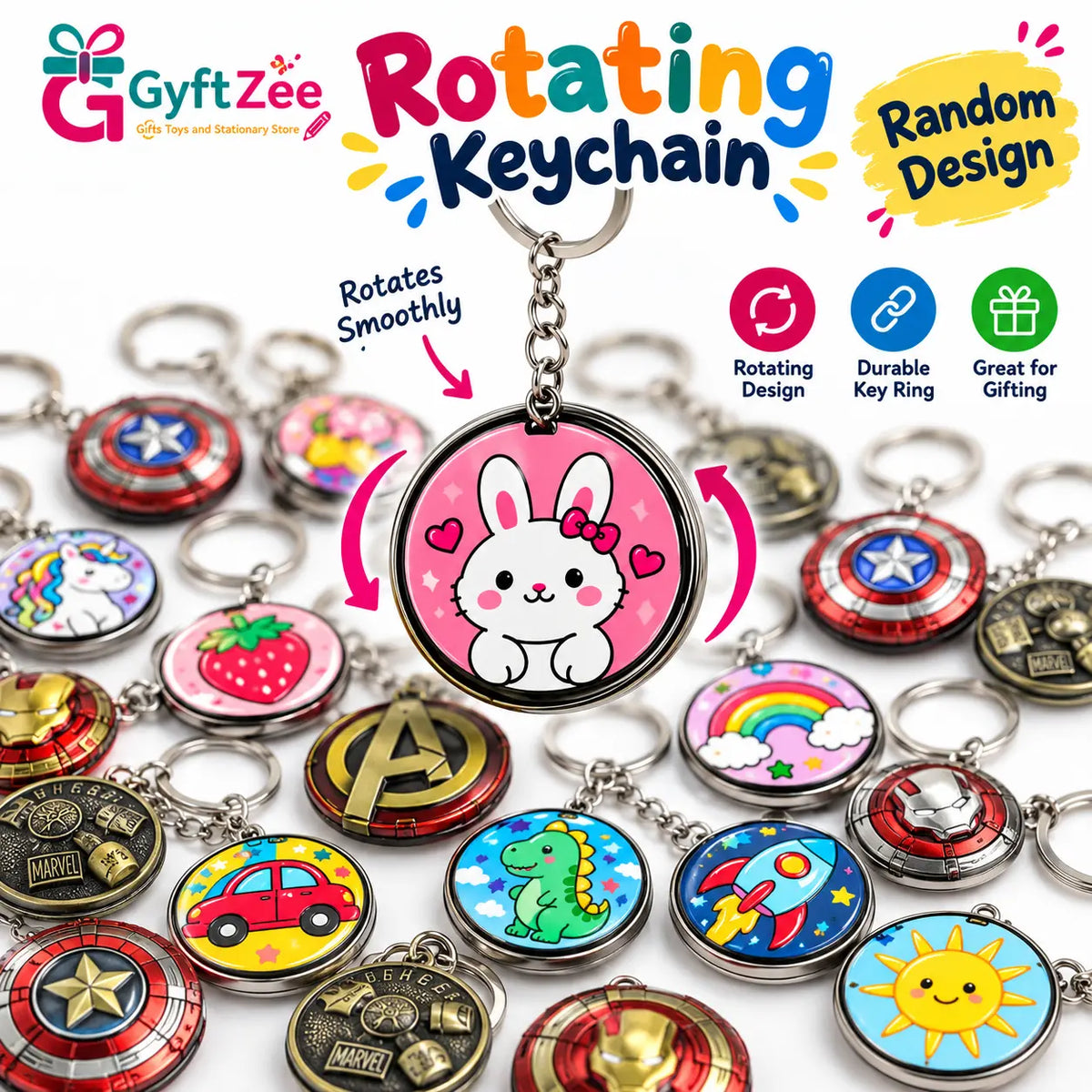 Assorted colourful round rotating keychains with bunny, dinosaur, rainbow, rocket and other designs.