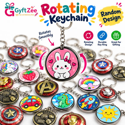 Assorted colourful round rotating keychains with bunny, dinosaur, rainbow, rocket and other designs.