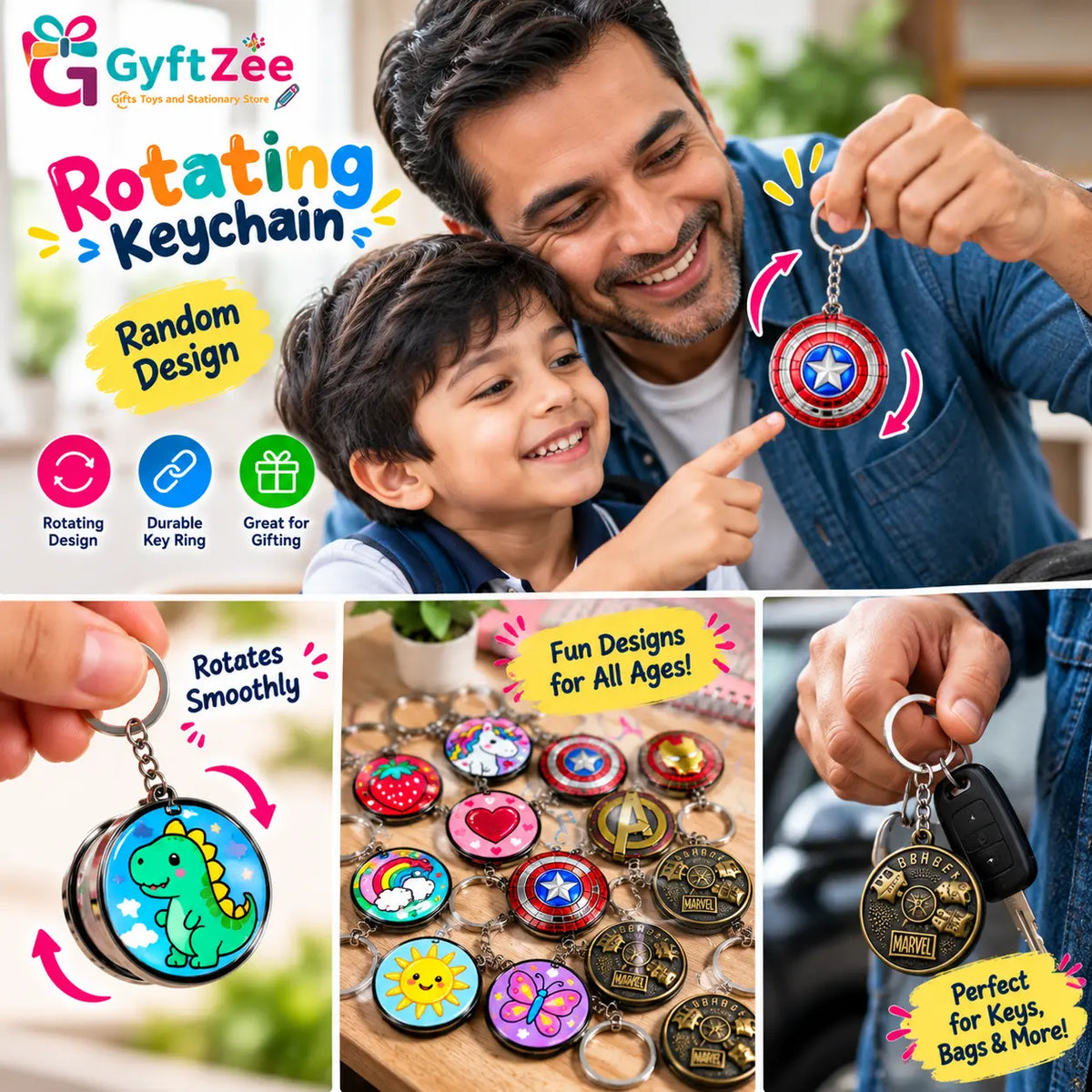 Rotating Keychain for Kids & Parents | Random Design