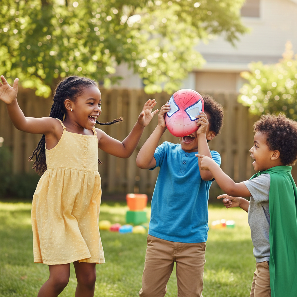 Children playing with a ball in a backyard