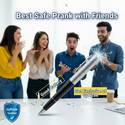 People reacting to a pen with a spark, promoting a safe prank product from GyftZee.