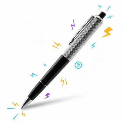 Pen with a black and silver design on a white background
