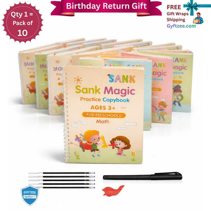 Sank Magic Practice Copybook for preschools with a pen and promotional text on a white background