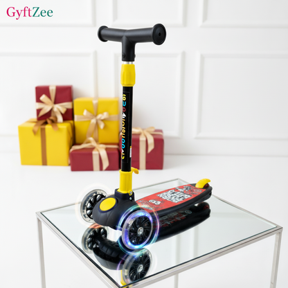 Children's scooter with glowing wheels on a glass table, gifts in the background