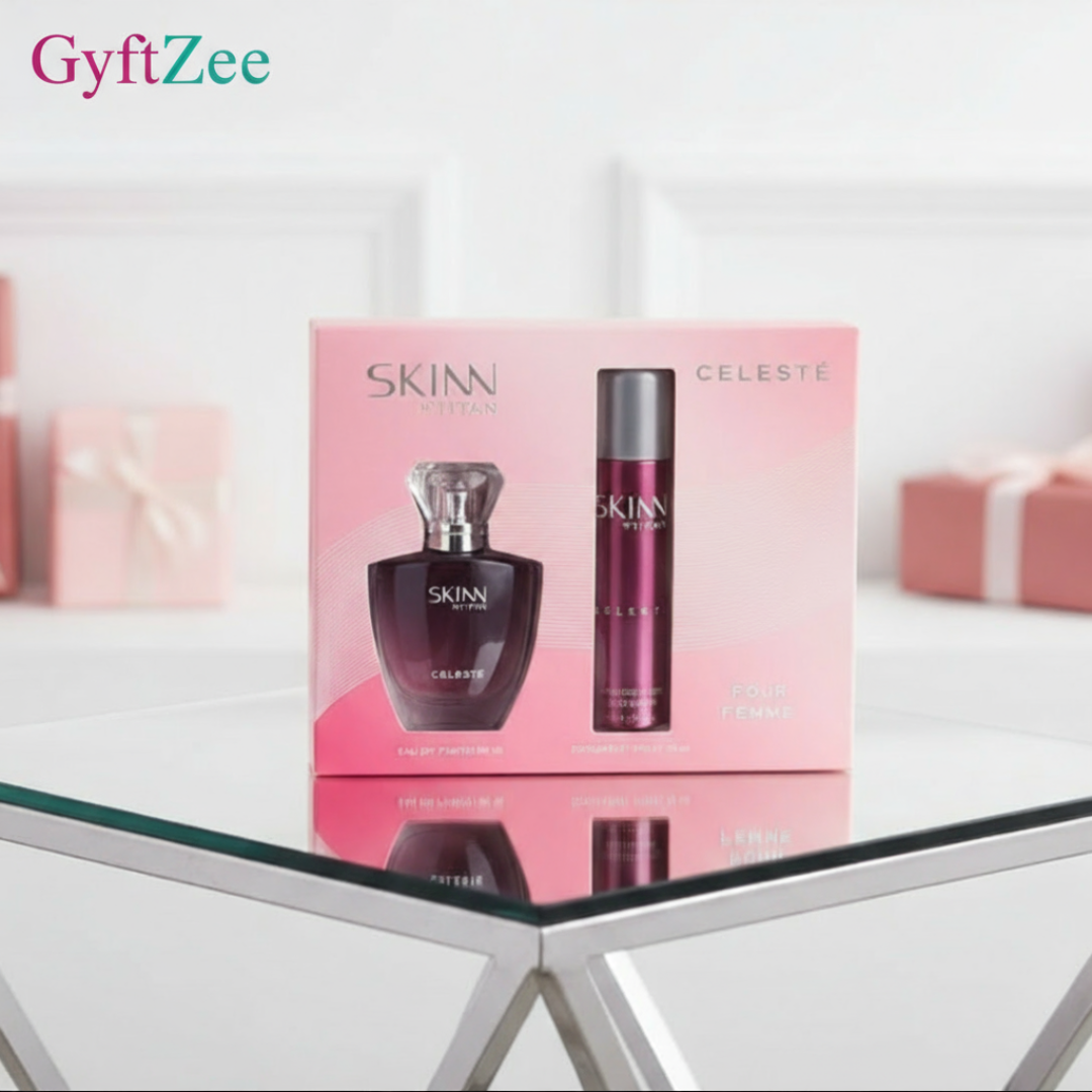SKINN Celeste perfume set on a glass table with a white background