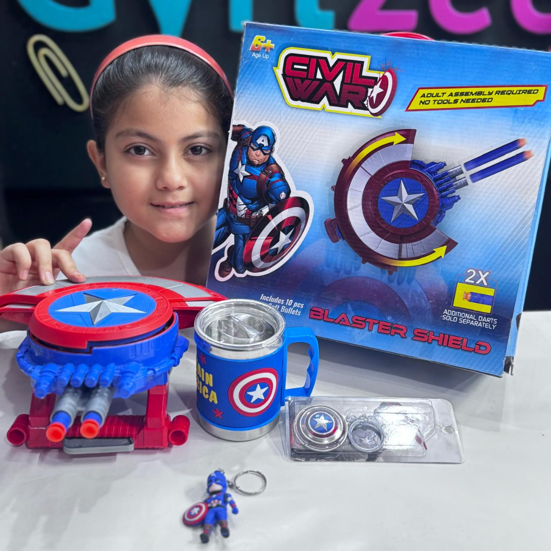 [Captain America] 1 Mug + 2 keychain + 1 Space Battle Cannon Shield Toy Gun –  Soft Bullet Blaster with Shield
