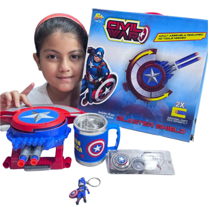 [Captain America] 1 Mug + 2 keychain + 1 Space Battle Cannon Shield Toy Gun –  Soft Bullet Blaster with Shield