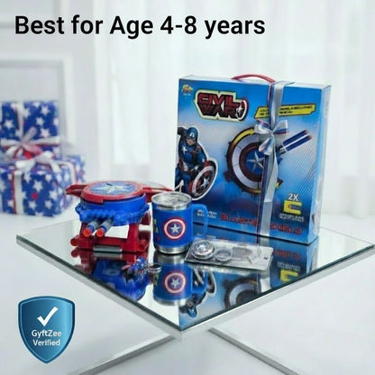 Toy set with packaging on a reflective surface, labeled 'Best for Age 4-8 years' and 'GyrfZee Verified'. Captain America Kids Toys gun, cup, keychain
