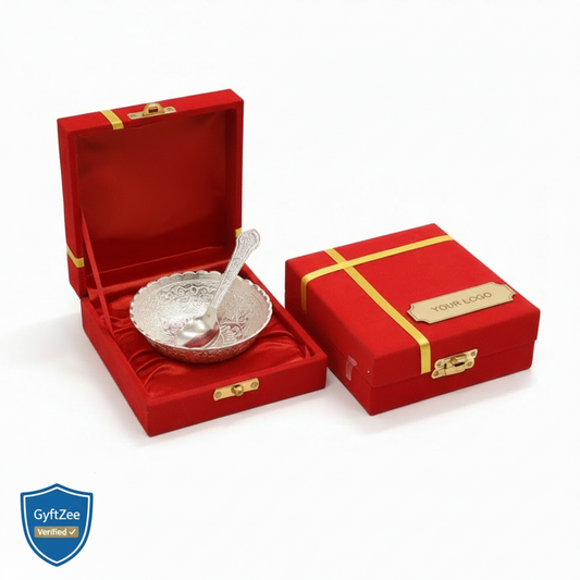 Silver bowl and spoon set in a red box with 'GyftZee' branding.