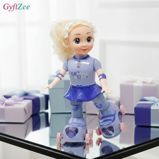 Doll with roller skates on a reflective surface with gift boxes in the background