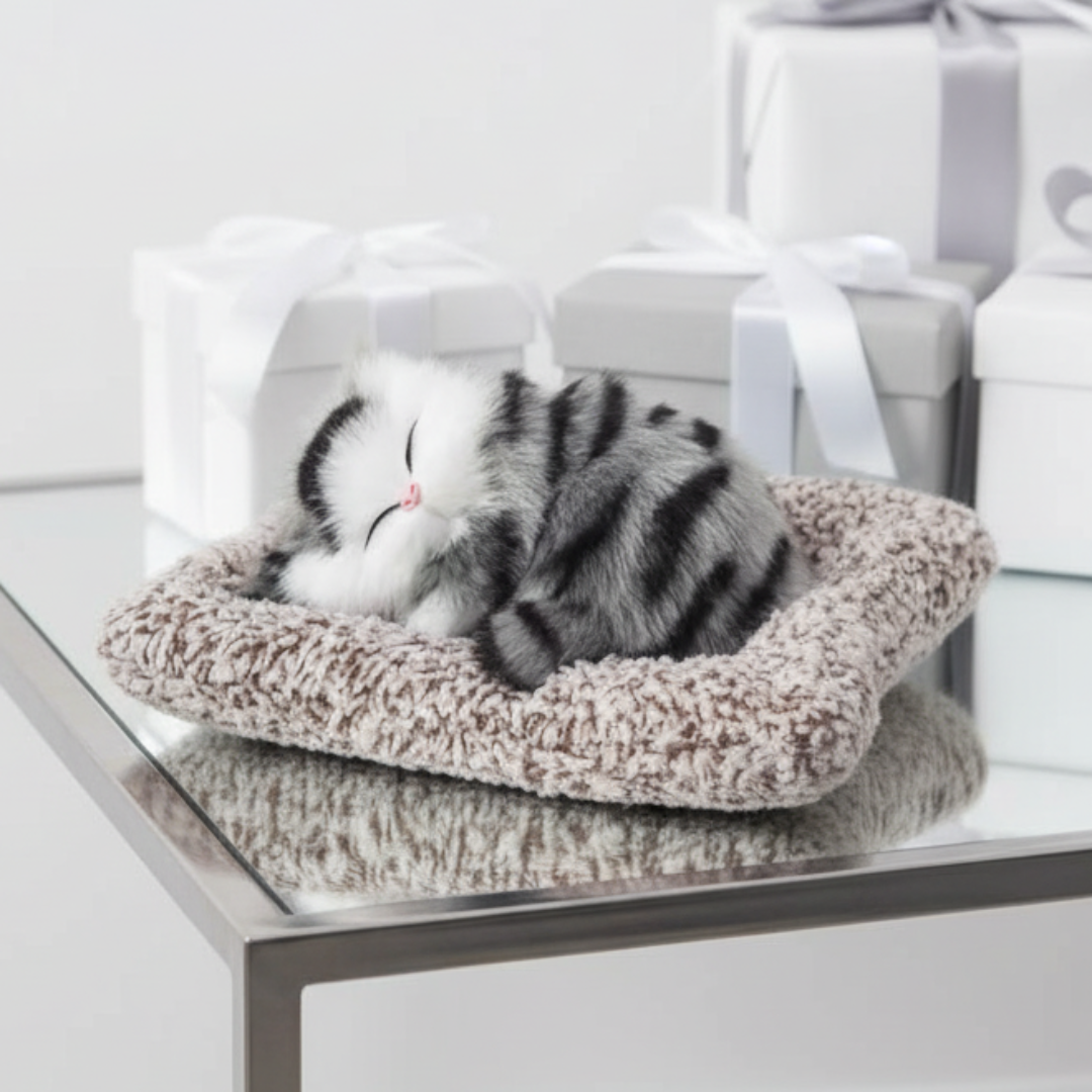 Cat lying on a fluffy cushion on a glass table with wrapped gifts in the background