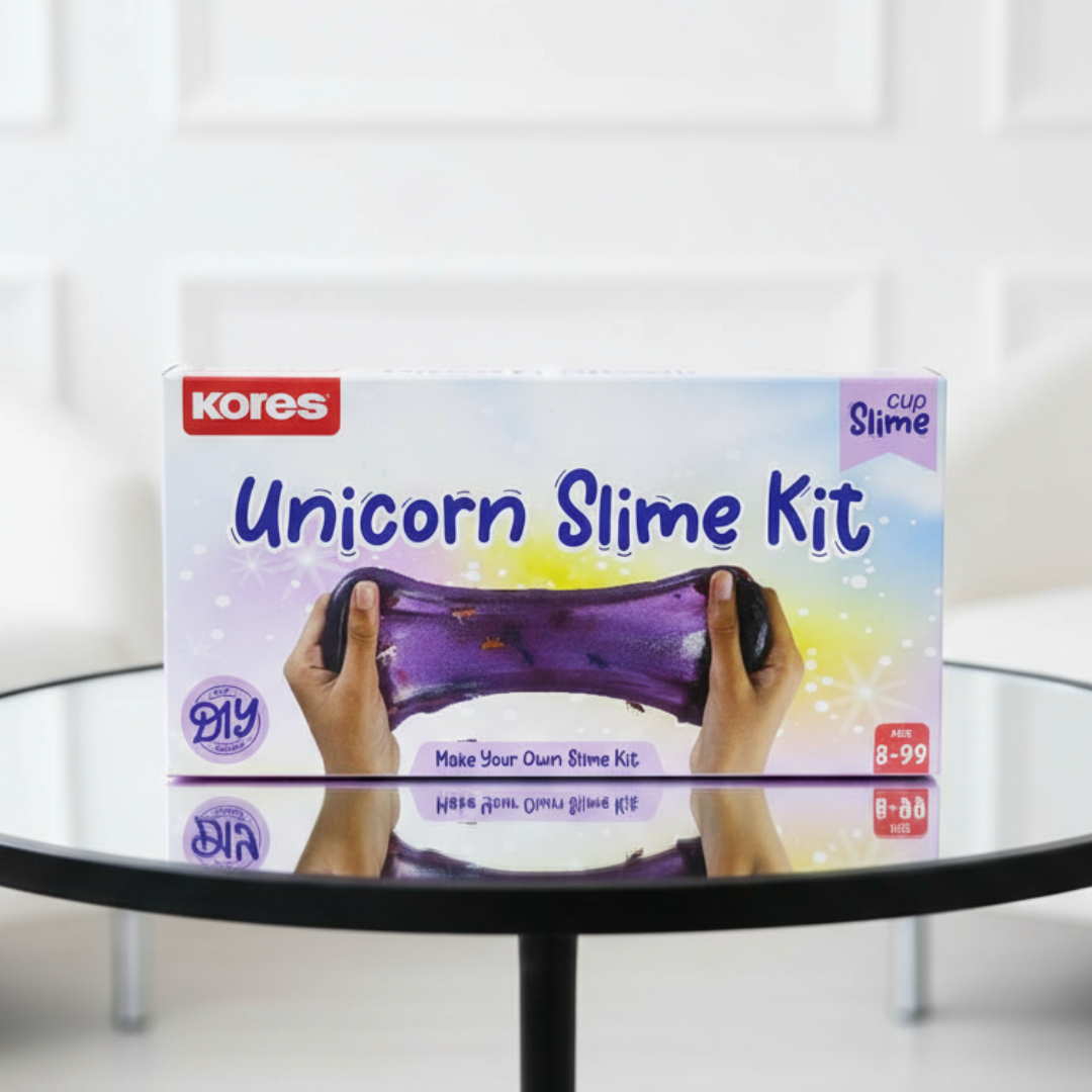 Kores Unicorn Slime Kit packaging on a glass table with a white background
