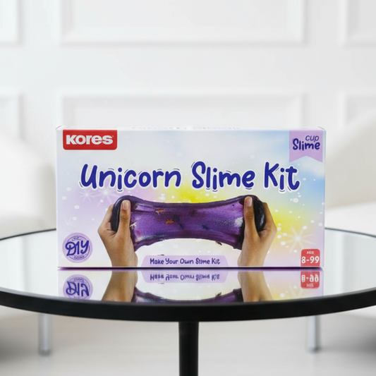 Kores Unicorn Slime Kit packaging on a glass table with a white background