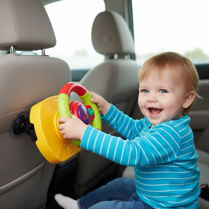 Child playing with a toy in a car seat