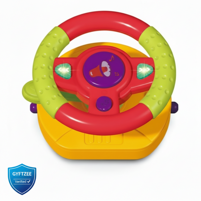 Colorful toy steering wheel with a yellow base and red top, featuring a GYFTZEE verification badge.