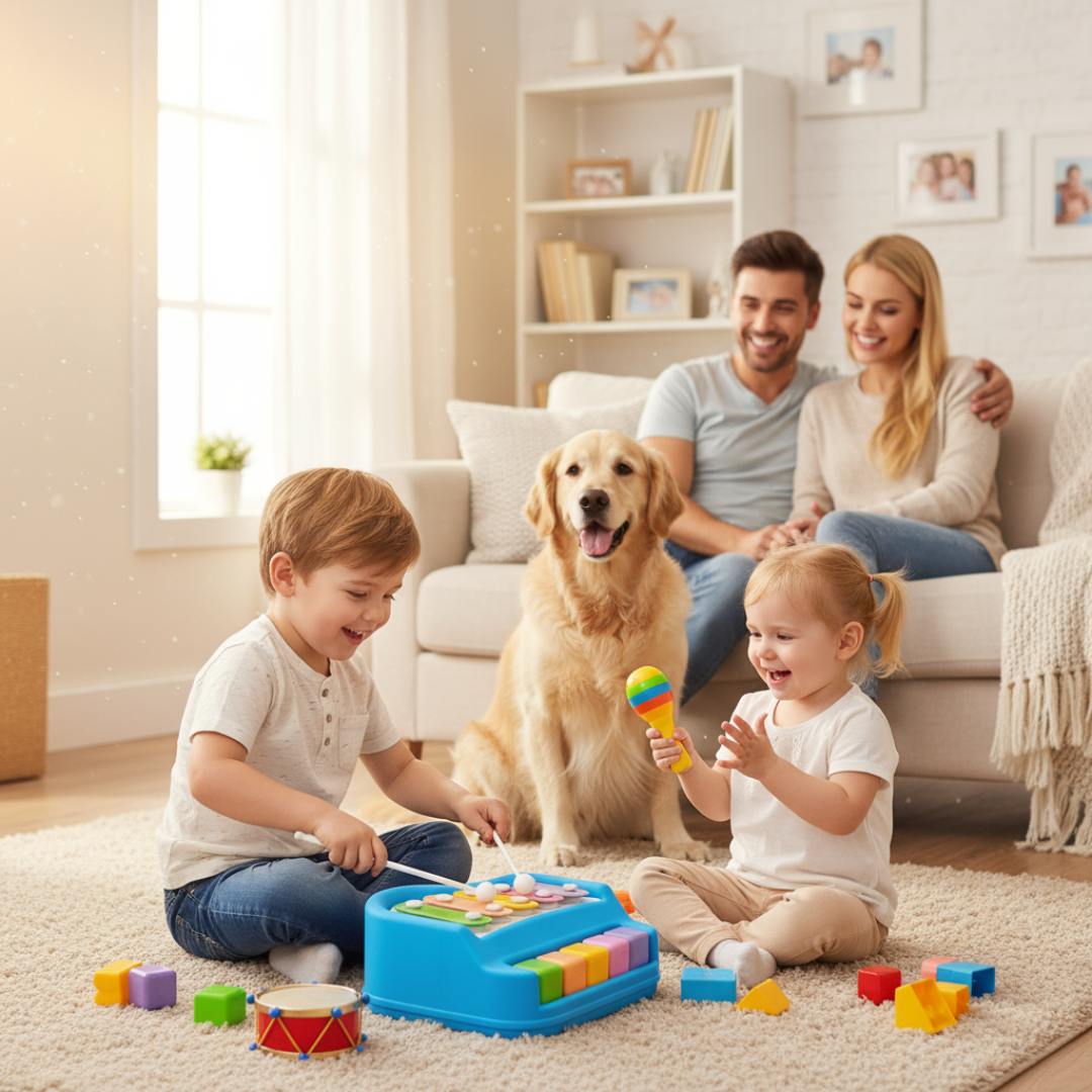 Family with two children and a dog playing together in a living room.