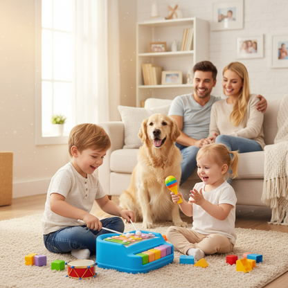 Family with two children and a dog playing together in a living room.