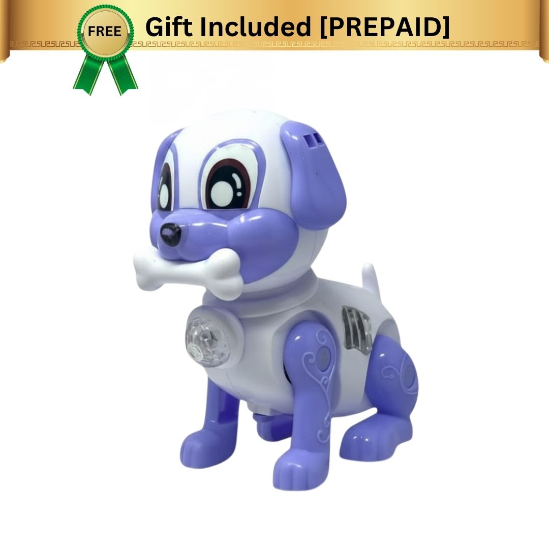 Purple toy dog with a bone on a white background