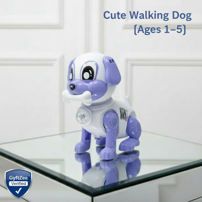 Toy dog on a glass surface with a white background, walking and dancing dog toy for kids age 1-5 years