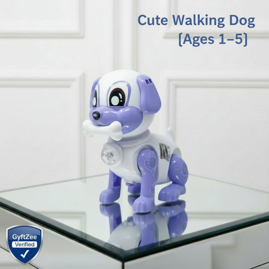Toy dog on a glass surface with a white background, walking and dancing dog toy for kids age 1-5 years