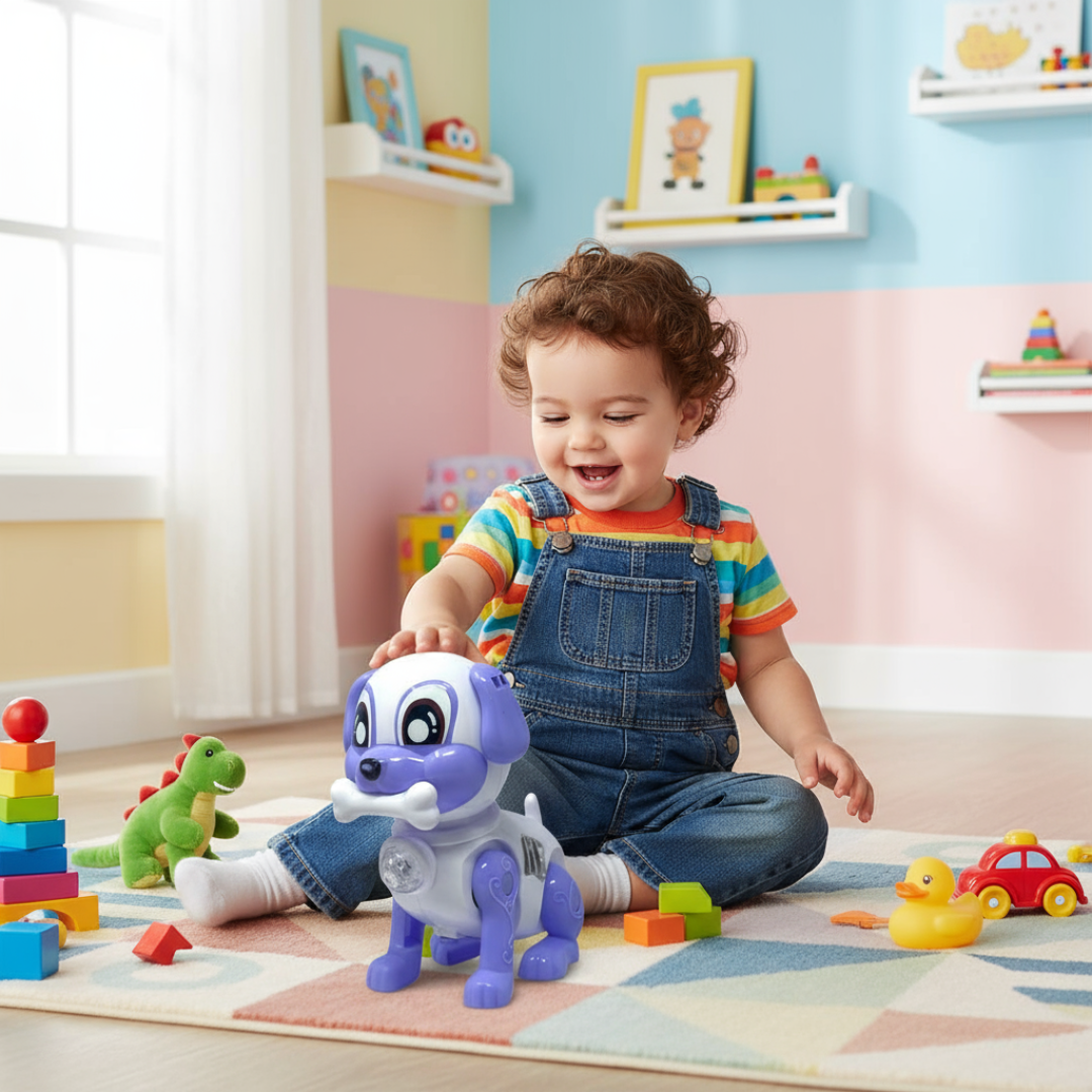 A plastic musical walking dog toy with lights in vibrant colors, designed for young children.