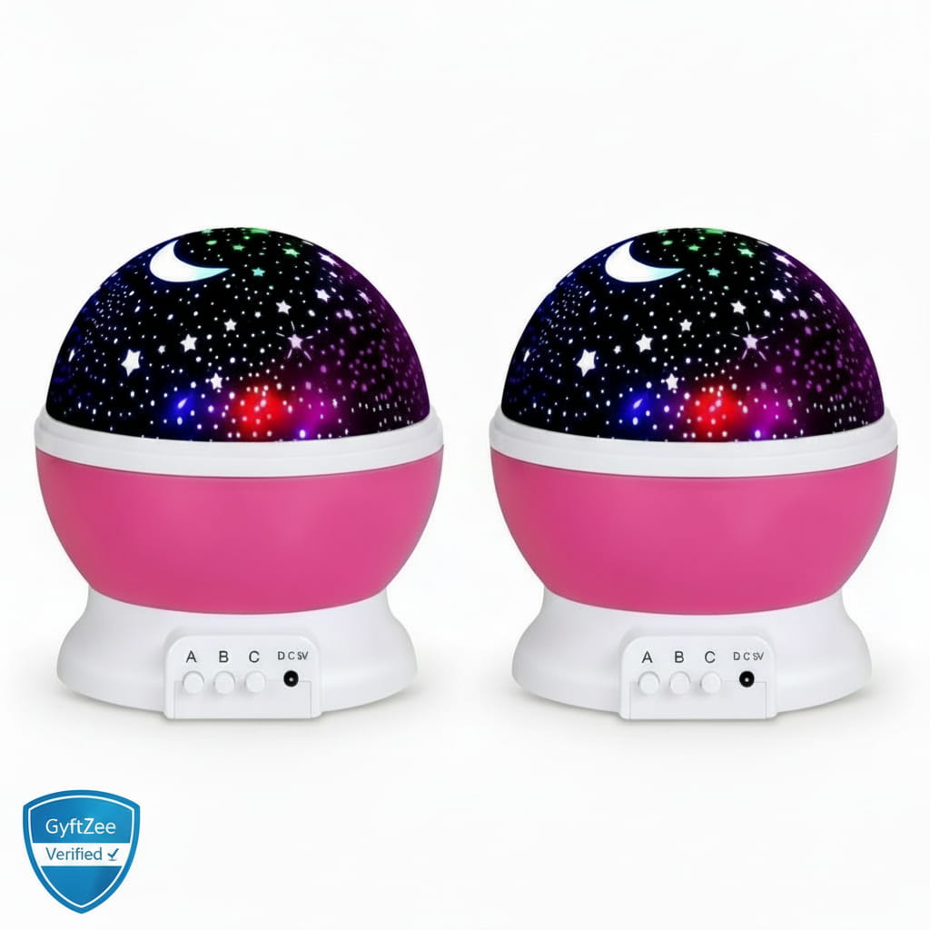 Two white starry night lights on a white background with Gyftzee logo. Star Master Galaxy projector Lamp for kids and home decor, combo pacl of 2