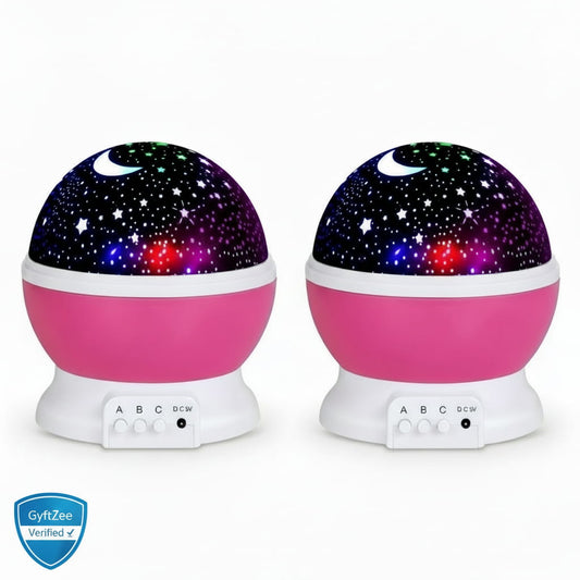 Two white starry night lights on a white background with Gyftzee logo. Star Master Galaxy projector Lamp for kids and home decor, combo pacl of 2