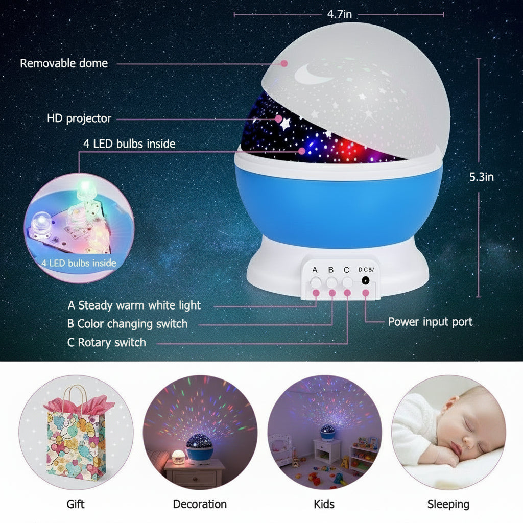 Starry night light projector with features and usage scenarios on a dark background, dimension