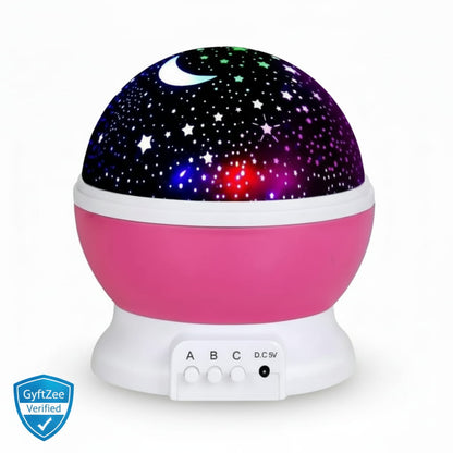 Pink and purple starry night light with a GyftZee verification badge on a white background. Star Master Projector Kids lamp, home decor