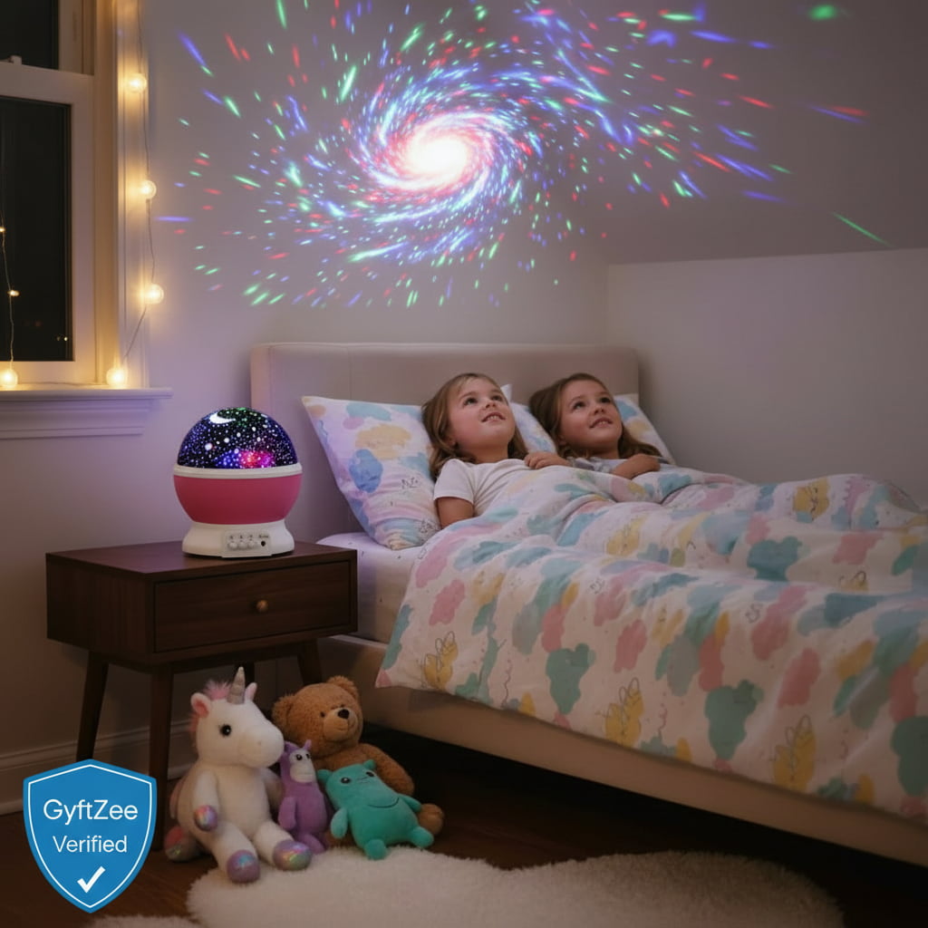 Children in bed with a colorful night light projector on the wall and a nightstand with toys.