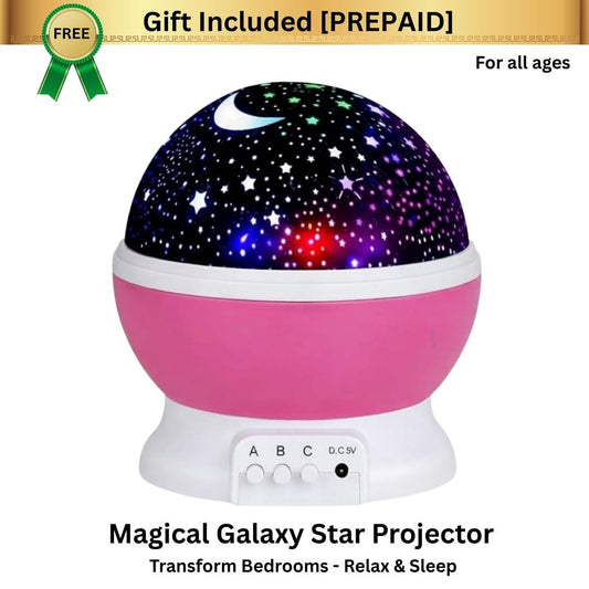 Magical Galaxy Star Projector with colorful LED lights on a white background