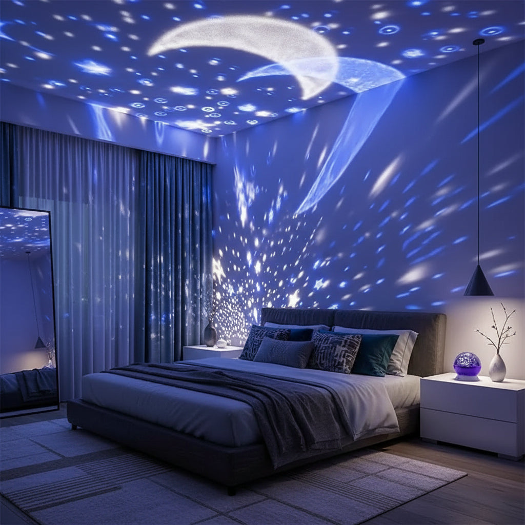 Room with starry night light projector on ceiling, creating a cosmic effect.