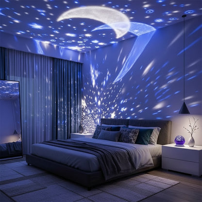 Room with starry night light projector on ceiling, creating a cosmic effect.
