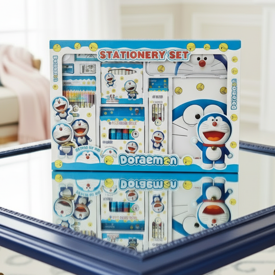 A packaged stationery set featuring characters from the Doraemon series, including notebooks, pencils, and other stationery items with blue and yellow design themes.