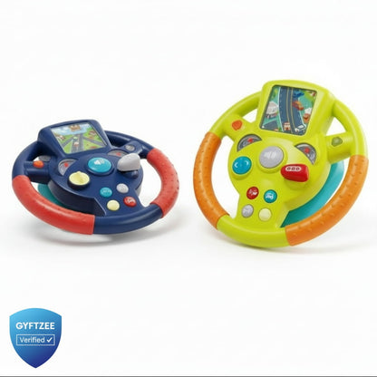 Two colorful toy steering wheels on a white background with a GYFTZEE verified badge.