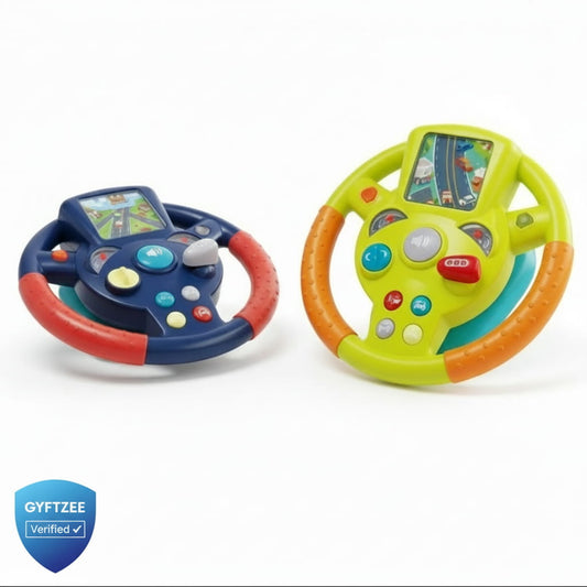 Two colorful toy steering wheels on a white background with a GYFTZEE verified badge.